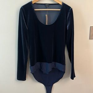 NWT J Crew Velvet Navy Blue One Piece Long Sleeve Top SZ L Deep Scoop Neck Boho